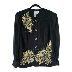 DaVinci Blouse Women Sz L Sheer  Black Gold Celestrial Embroidered Y2k